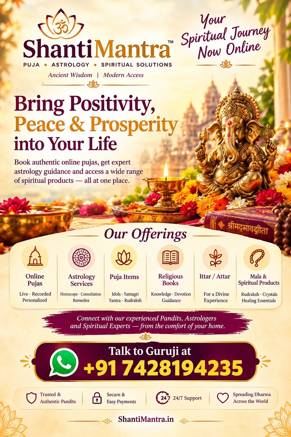 Talk to Guruji at +91 74281 94235 — Shanti Mantra: puja, astrology and spiritual solutions